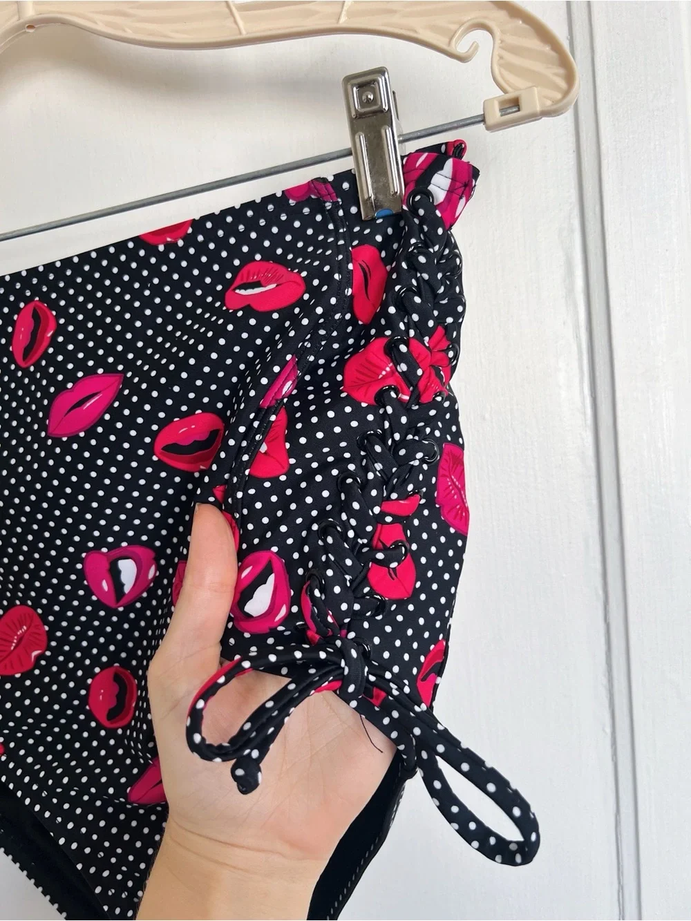 Unique Vintage • bikini swimsuit black polkadot lip print high waisted two piece